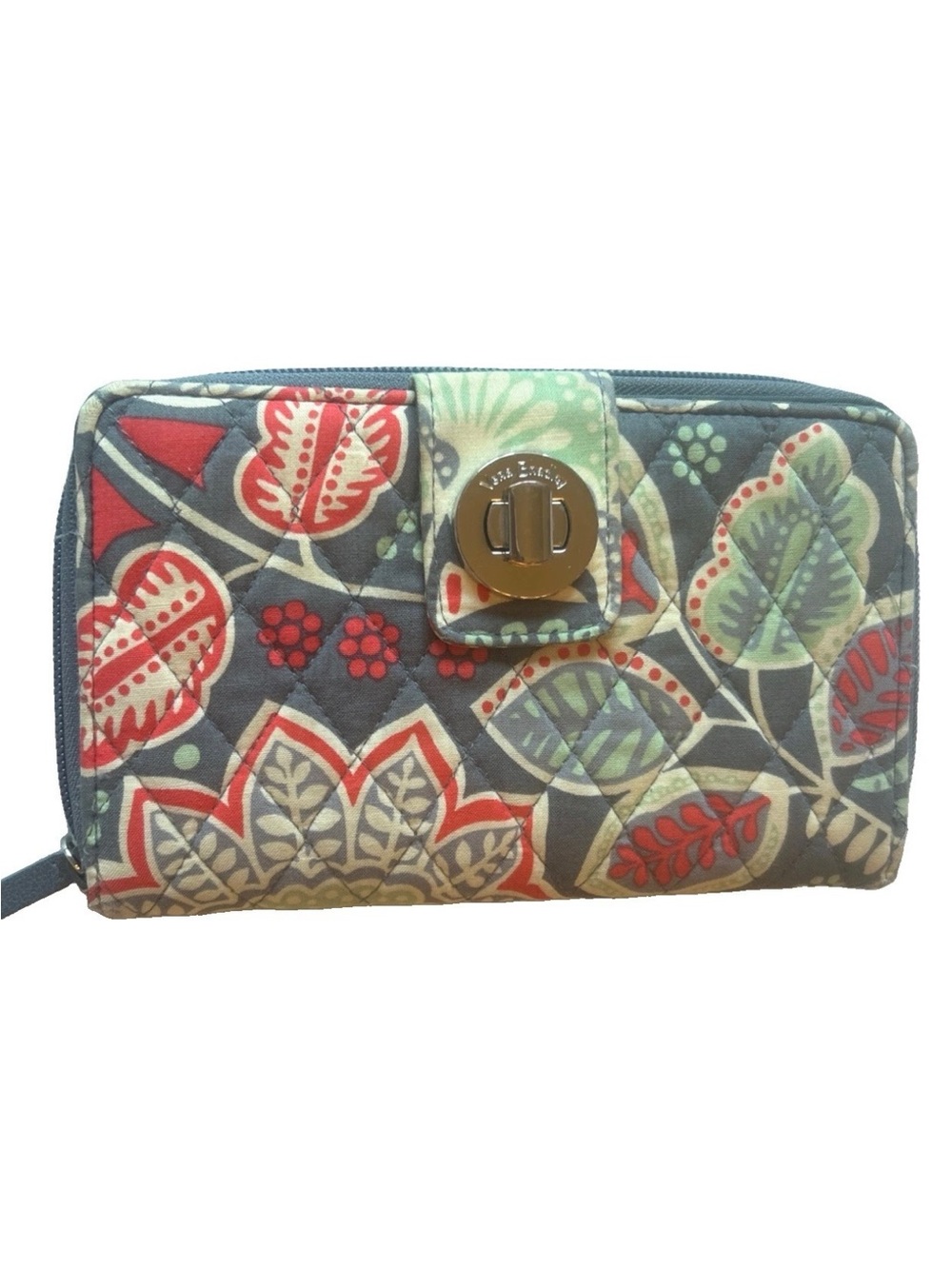 Vera Bradley Quilted Floral Wallet Zip Around Clutch Turn Lock Gray Paisley